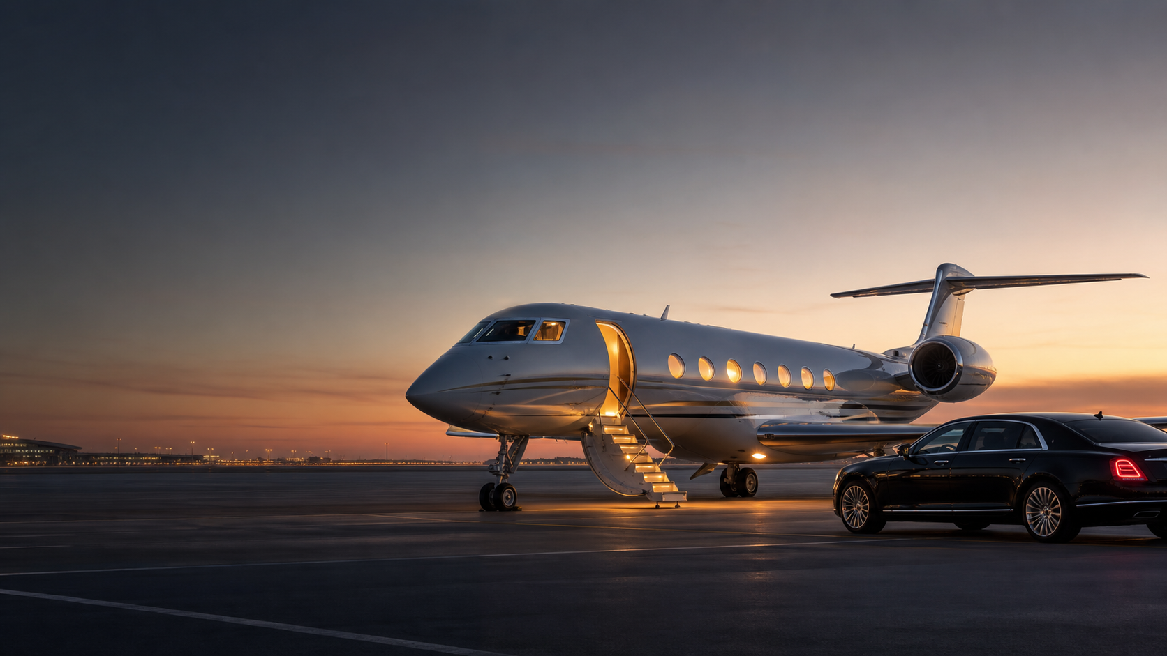 Modern private jet waiting on an executive airport apron at sunrise