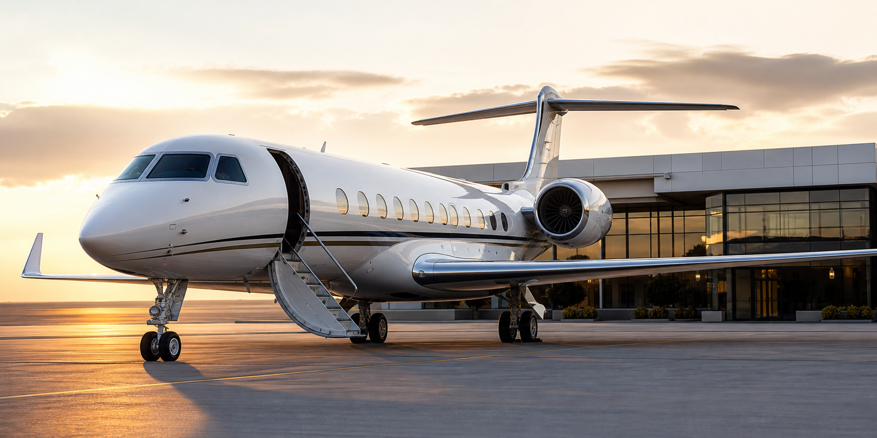 Ultra long range private jet on an executive airport ramp