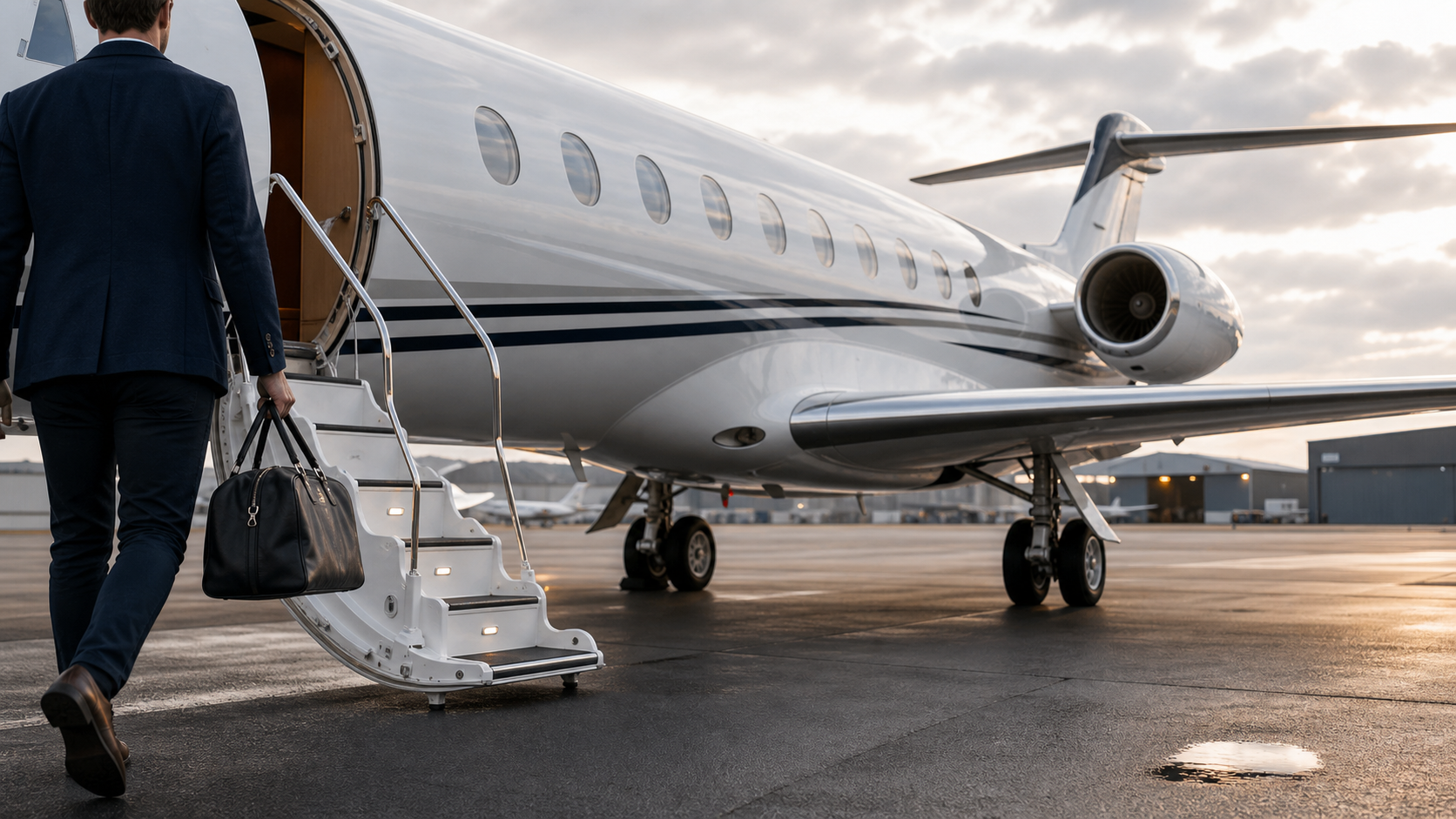 Passenger boarding a private jet at golden hour