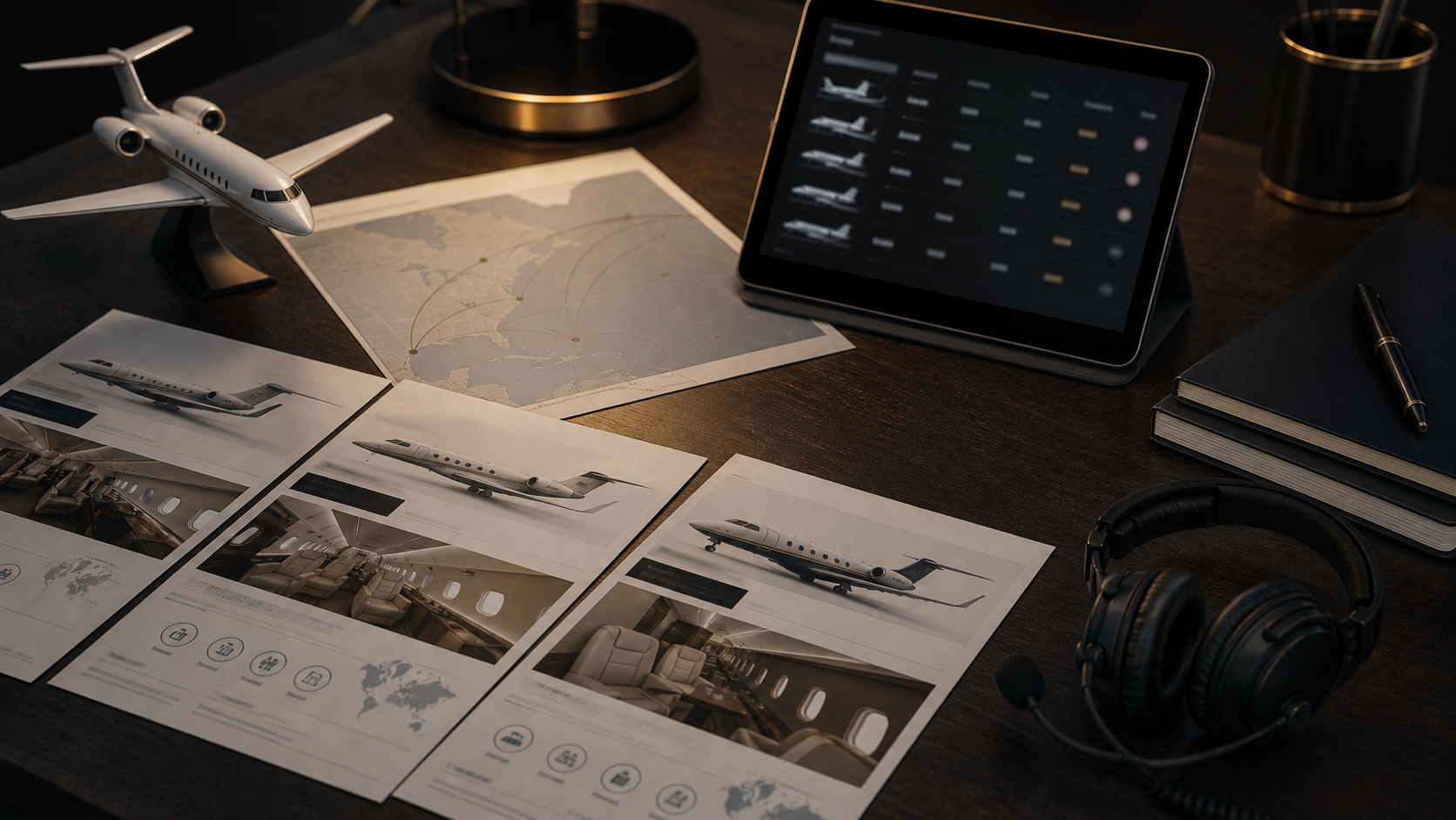 Aircraft option cards and route map for private charter sourcing